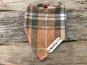 Hund Bandana, kariert Winter Kupfer grün weiß weiß Leder personalisiertes Namensschild - Bild 1 von 6