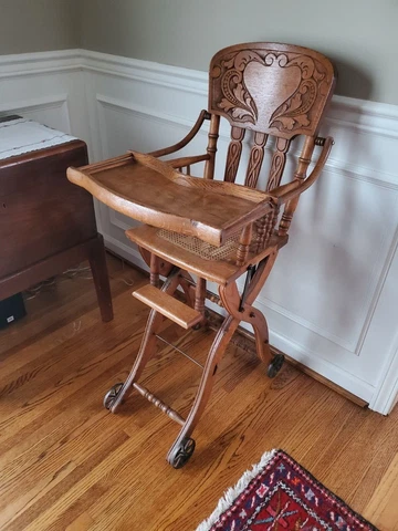 Ornate Antique Oak Child's High Chair And Stroller Carriage with Cane Seat Cover