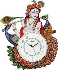 Wooden Antique Lord Krishna with Peacock Feather Designer Wall Clock 