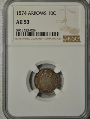 1874 Seated dime, Arrows, NGC AU53..........Type Coin Company Cover