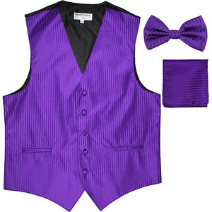 New Men's Formal Vest Tuxedo Waistcoat_bowtie & hankie stripes purple wedding - Picture 1 of 4
