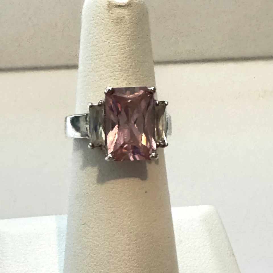 Emerald Cut Ring Pink Turmaline Solitaire CZ Baguettes NF 925 Silver Sz.5 - Image 1 of 4