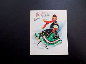 #K296- Vintage Unused Xmas Greeting Card Pretty Girl in Folk Dress Ice Skating
