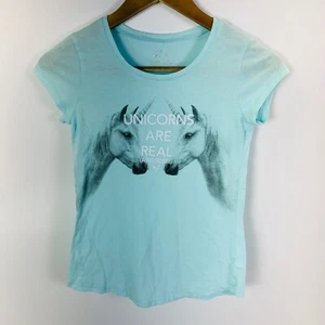 Justice Tee Shirt Short Sleeve Blue Unicorns are Awsome Graphics Girls Size 10 - Picture 1 of 7