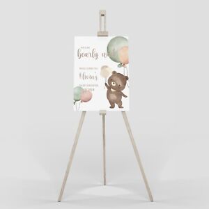 Personalised Baby Shower Party Poster Sign We Can Bearly Wait Gender Reveal