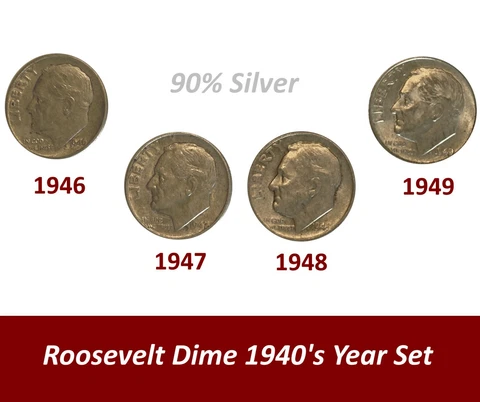 Roosevelt Dime 1940's Year Set ~ 1946, 1947, 1948, 1949 ~ 90% Silver Cover