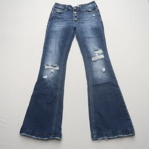 Pantalones de mezclilla KanCan Harlowe tiro medio acampanados talla 9/28 botón lavado oscuro mosca desgastados - Imagen 1 de 9