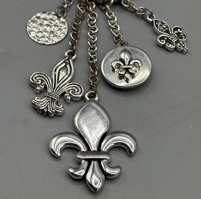 Silver Tone Charm Necklace Fleur De Lis Mixed Metals 22”adjustable - Image 1 of 4