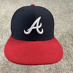 Atlanta Braves Hat Cap Fitted Mens 7 Navy Red MLB Baseball New Era 59FIFTY - Picture 1 of 11