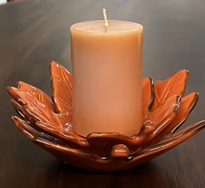 Candelabro pilar hoja cerámica 3D con vela de 2”~naranja quemado~decoración otoño/otoño Foto 1 de 4