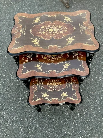 Vintage 3 Italian Inlaid Woods Nesting Tables Italy￼￼ Black Legs Handmade Fancy￼ Cover
