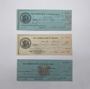 Lot Of 3 Antique Bank Checks 1909 1913 1918 Farmers Bank Of Pollock Chicago - Picture 1 of 6