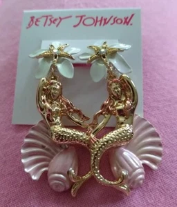 Betsey Johnson Pink Mermaid Starfish Seashell Crystal Flower Dangle Earrings - Picture 1 of 4