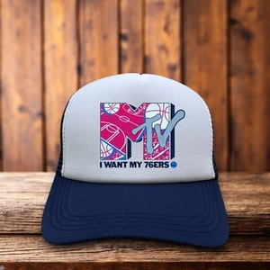 Philadelphia 76ers Mens Trucker Hat Navy Snapback MTV Basketball Retro Ball Cap - Picture 1 of 6