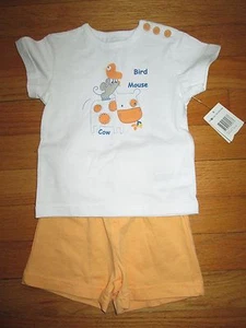 Juego de Camisa y Pantalones Cortos ZYBABY Blanco/Naranja PÁJARO RATÓN VACA - NUEVO CON ETIQUETAS - 6-9 M - Imagen 1 de 8