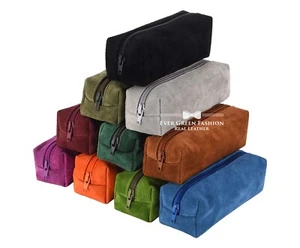 Bolsa de cuero de gamuza real con cremallera estuche para lápices gafas bolsa de maquillaje cosmético - Imagen 1 de 26