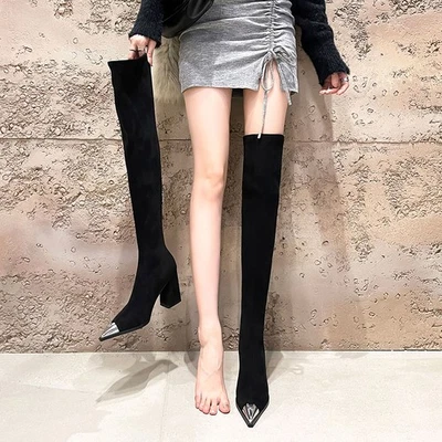 Korean Womns Skinny Stretchy Knee High Boots Pointed Toe High-heeled Black Boots - image 1 of 4