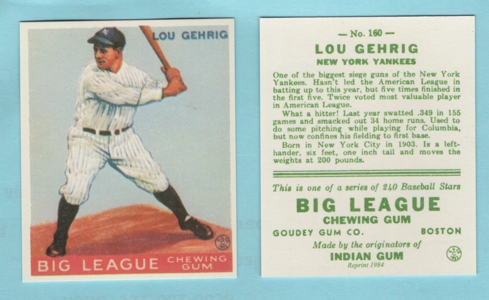 1933 Goudey reimpresión de béisbol # 160 Lou Gehrig -- Yankees de Nueva York -- caja 741 Foto 1 de 1