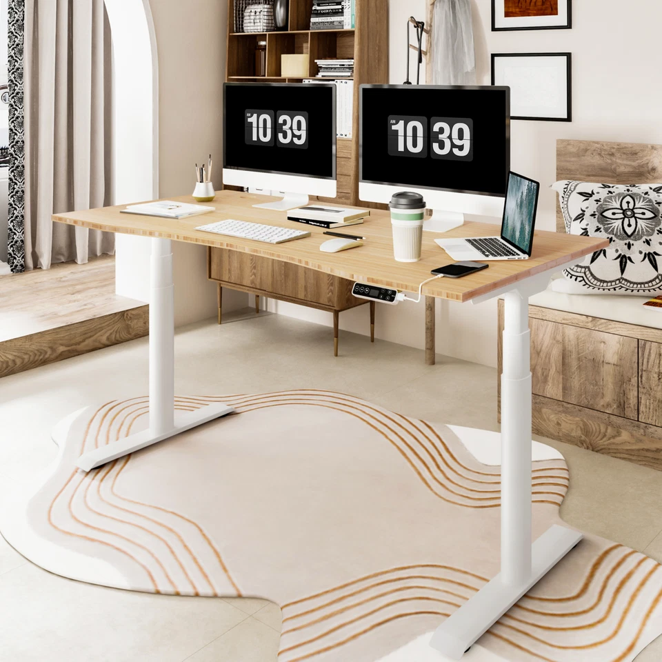 FLEXISPOT 3-Stage Dual-Motor Standing Desk Curved Bamboo Top with USB Port - Image 1 of 4