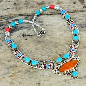 Red Coral & Turquoise 925 Sterling Silver Tibetan Jewelry Necklace For Birthday - Picture 1 of 4