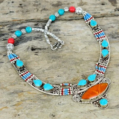 Collar Joyería Tibetana de Plata de Ley 925 Coral Rojo y Turquesa para Cumpleaños Foto 1 de 4