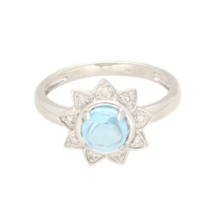 9Ct White Gold Cabochon Blue Topaz & Diamond Cluster Ring (Size N) 12mm Diameter - Picture 1 of 3