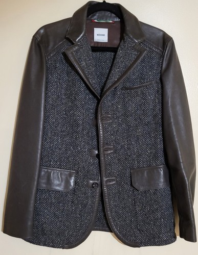 Blazer Moschino marrone pelle d'agnello nero lana grigio tweed taglia 38 EU 48