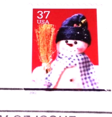 Vacaciones de Navidad 2002 - Muñeco de nieve con escoba - Réplica de estampillas doradas - VER ABAJO Foto 1 de 4