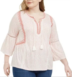 Style & Co Tunic Top Women's 1X Embroidered Bell Sleeves Split Neck Tassel Boho - Picture 1 of 12