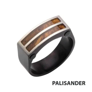 Hollis Mens Ring stainless Steel Brown Rosewood Inlay - Picture 1 of 1