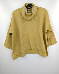 Top tunica comodo USA 100% lino Lagenlook giallo collo cappuccio tasca - Foto 1 di 7