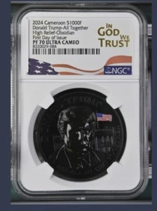 DONALD TRUMP 2024 CAMEROON SILVER COIN OBSIDIAN NGC PF70! FIRST DAY OF ISSUE!! - Picture 1 of 5