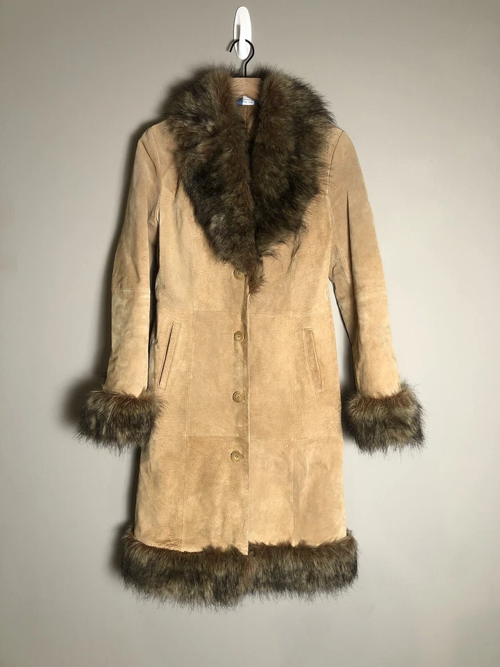 VTG Y2K Delia’s Tan Suede Almost Famous Penny Lane Leather Faux Fur Coat Small - Image 1 of 4