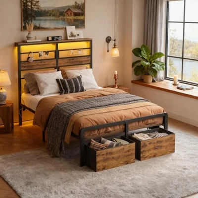 Full Size LED Bed Frame With USB Ports Under-Bed Storage Metal Platform 2 Drawer - Image 1 of 4