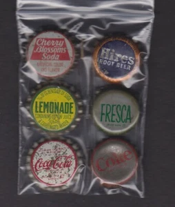 6 Cork Back Soda Bottle Caps Cherry Blossom Hires Fresca Lemonade & 2 Coca Cola - Picture 1 of 1