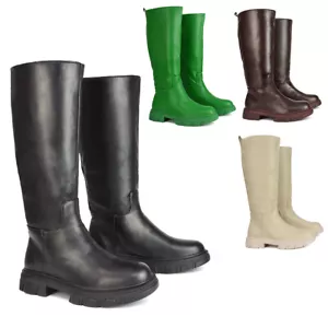 Womens Biker Boots Ladies Calf Knee Riding Winter Pull On Faux Leather Size 3-8 - Picture 1 of 41