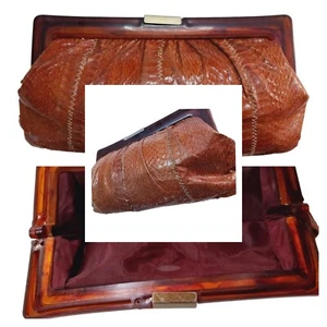 Vintage Margolm Style Snakeskin Tortoise Bakelite Lucite Frame Clutch Purse 10" - Picture 1 of 9
