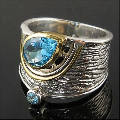 Women Fashion Two Tone Silver Rings Jewelry Aquamarine Ring Size 6-10 - Image 1 of 4