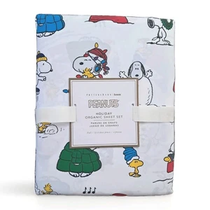 Pottery Barn Peanuts Holiday Orgauc Sheet Set Size Full Snoopy Woodstock - Picture 1 of 5
