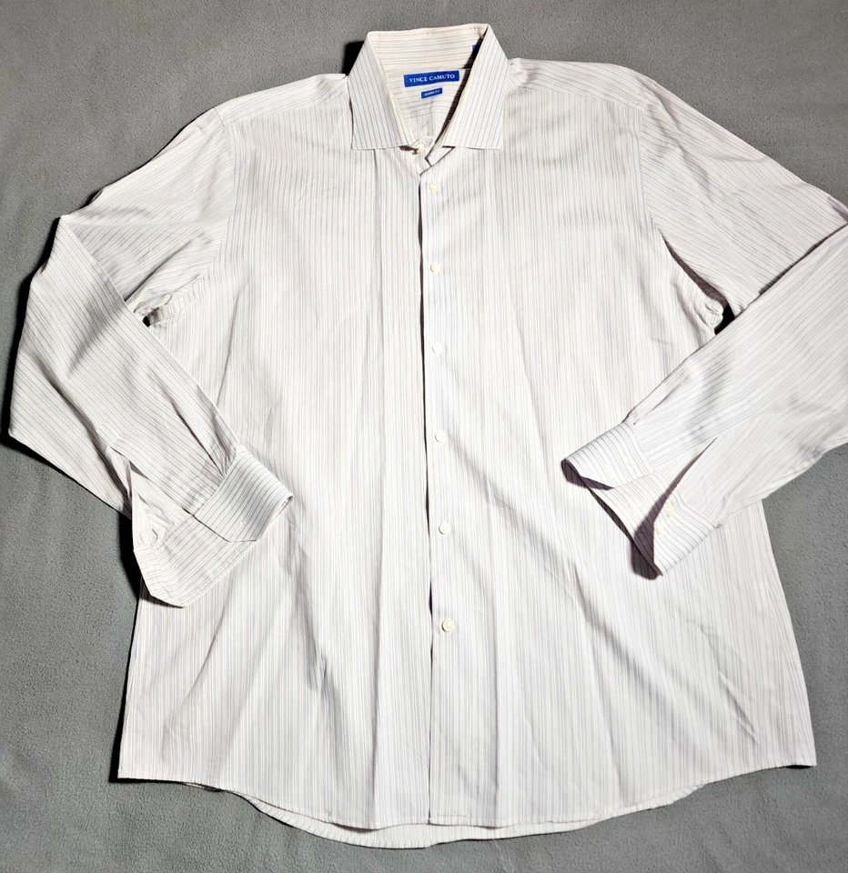 Vince Camuto 正装衬衫男式 17 码灰色紫色条纹纽扣长袖 — 第 1/4 张图片