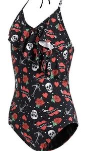 As Rose Rich Girls Size 7/8 Floral Skull Ruffle 1 Piece Swimsuit - Picture 1 of 9