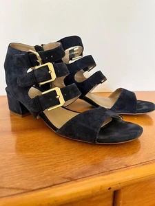 Adrienne Vittadini Navy Suede Block Heel Sandals Size 8 Strappy Gold EUC - Picture 1 of 7