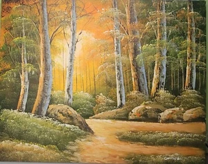MCM Oil on Canvas Art Painting Colors Orange Green Forest Landscape Signed - Picture 1 of 4