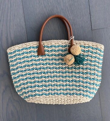 BARNEYS Нью-Йорк кожи отделки Raffia корзина сумка $180 новый с ярлыками - Изображение 1 из 4