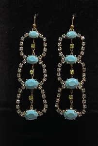 Rhinestone Chandelier Drop Earrings  Vintage Topaz & Peridot AB Faux Turquoise - Picture 1 of 6
