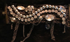 DIMITRIADIS Swarovski Silver Layered Large Crystals And Gray Pearls Wired Cuff