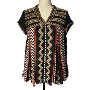 Anthropologie Ranna Gill Blouse Womens Size 2 Black Embroidered Pleated V Neck - Picture 1 of 14