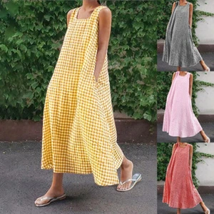 Womens Plaid Check Maxi Smock Dress Sleeveless Summer Beach Kaftan Sundress Size - Picture 1 of 25