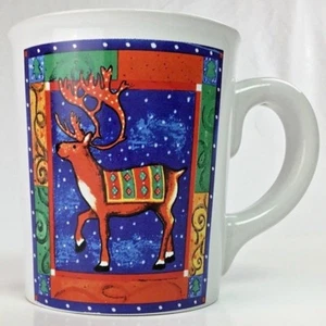 Test Rite International Stoneware Reindeer Mug Blue Red Yellow Green Large Cup - Picture 1 of 4