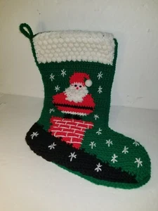 VINTAGE  CROCHETED SANTA ON CHIMNEY CHRISTMAS STOCKING - Picture 1 of 6